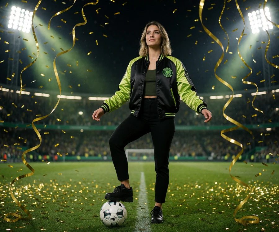 Spielerin Marla auf dem Flutlichtrasen mit Goldkonfetti - Titelmotiv zum Online Casino Bonus von Zoccer mit 220 Freispielen