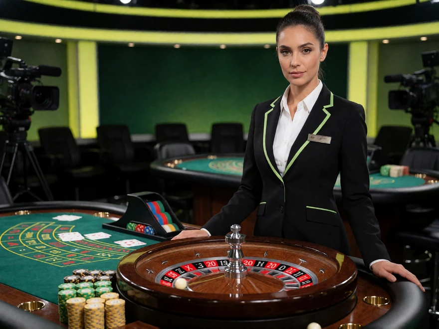 Live-Dealer-Tisch mit Roulettekessel, Kartenschlitten und Chips im Studio - Live Casino Angebot von Zoccer