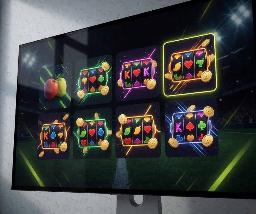Spiellobby von Zoccer mit acht verschiedenen Automaten-Kacheln im Raster - Bandbreite der 11.200+ Casino Spiele