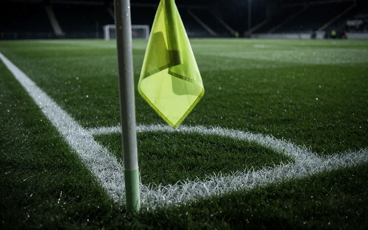 Eckfahne und wei&szlig;e Eckbogen-Linie auf n&auml;chtlichem Rasen - Motiv f&uuml;r die Sportwetten mit 1.300+ Fu&szlig;ball-Events