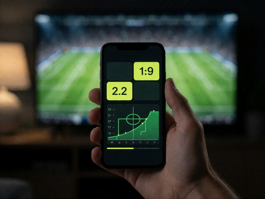 Smartphone mit Livewetten-Ansicht vor einem laufenden Fu&szlig;ballspiel im Fernsehen - Second-Screen-Wetten bei Zoccer