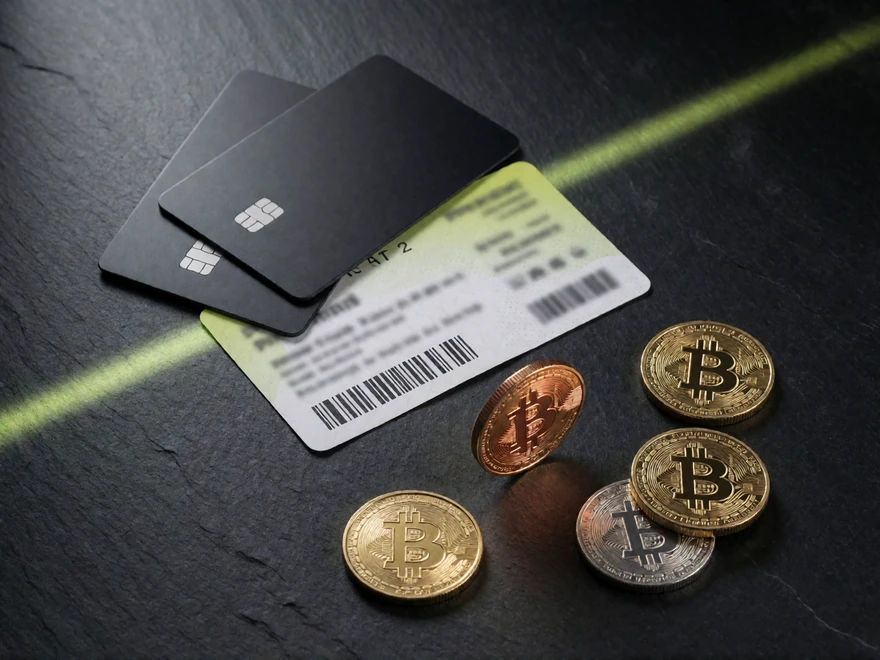 Zahlungskarten, Prepaid-Voucher und Krypto-Token auf dunklem Untergrund - Zahlungswege bei Zoccer Casino