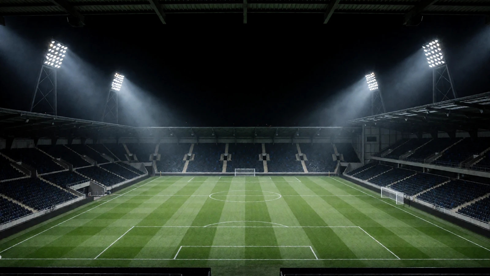 Leeres Flutlichtstadion von der Mittellinie - Kulisse f&uuml;r die Kennzahlen von Zoccer Casino und Sportwetten