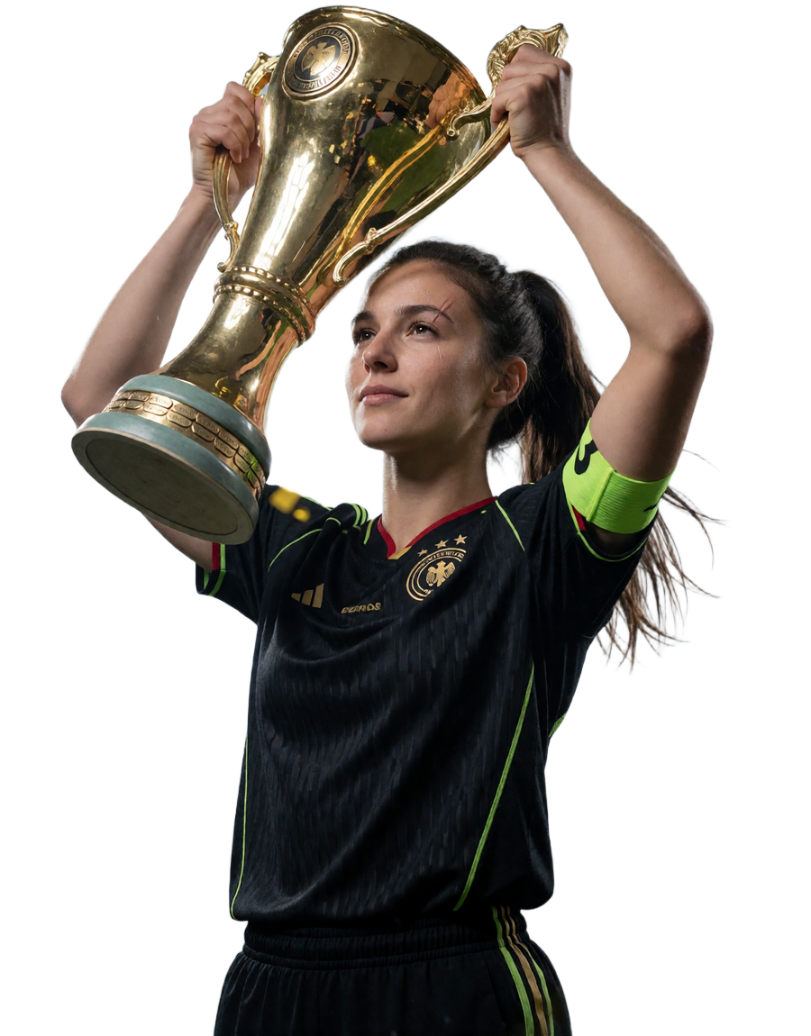 Spielerin Lena hebt den goldenen Champions-Pokal im Flutlicht - Titelmotiv f&uuml;r Online Casino Deutschland mit Fu&szlig;ball-DNA