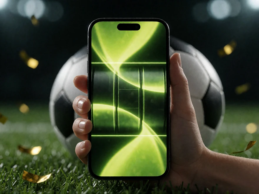 Smartphone mit leuchtender Slot-Walze neben Fu&szlig;ball auf Rasen - Freispiele werden t&auml;glich in Paketen zu 20 St&uuml;ck gutgeschrieben